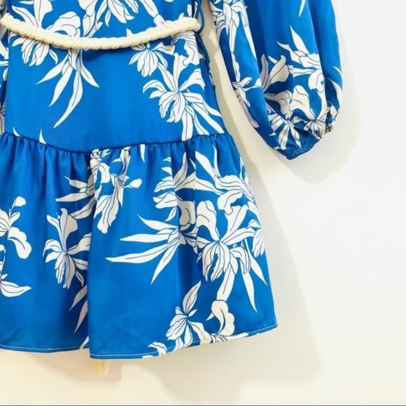 Alexis Blue Mini Dress XXS Floral Print Rope Belt Swing Long Sleeve Satin New - Picture 12 of 15